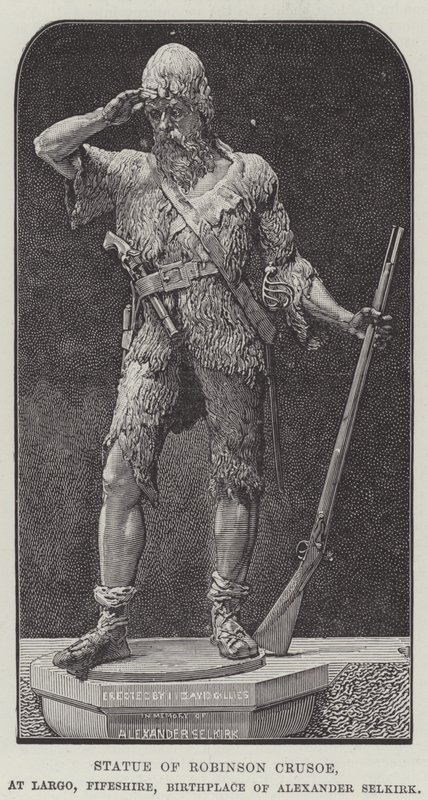 Statue von Robinson Crusoe in Largo, Fife, Geburtsort von Alexander Selkirk (Stich) von English School
