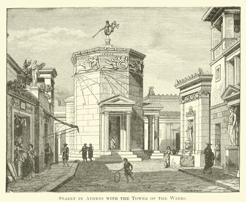 Straße in Athen mit dem Turm der Winde von English School