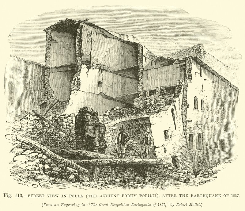 Straßenansicht in Polla (das antike Forum Popilii), nach dem Erdbeben von 1857 von English School