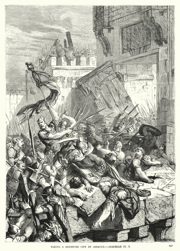 Einnahme einer befestigten Stadt im Sturm, Jeremia IV, 5 (Gravur) von English School
