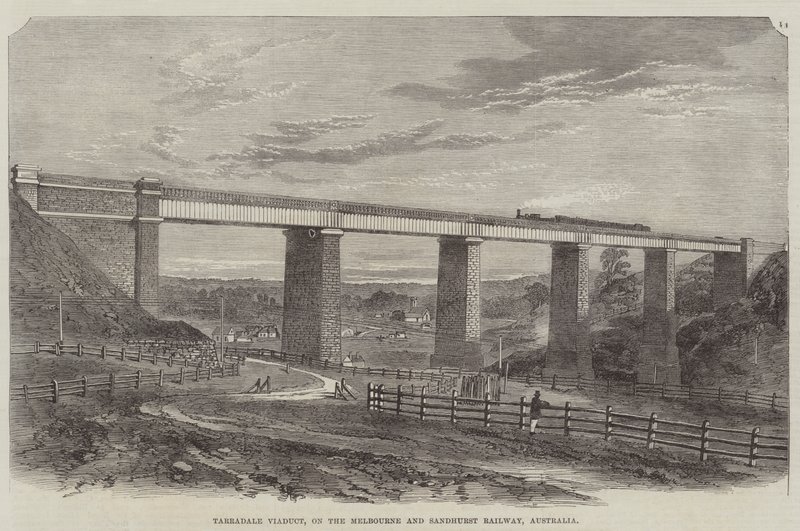 Tarradale Viadukt, auf der Melbourne und Sandhurst Eisenbahn, Australien (Gravur) von English School