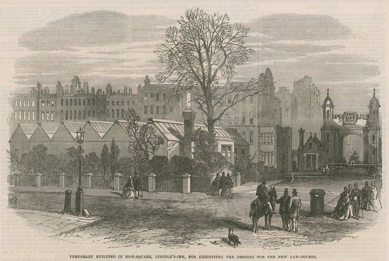 Provisorisches Gebäude in New Square, Lincolns Inn, zur Ausstellung der Entwürfe für die neuen Gerichtshöfe von English School