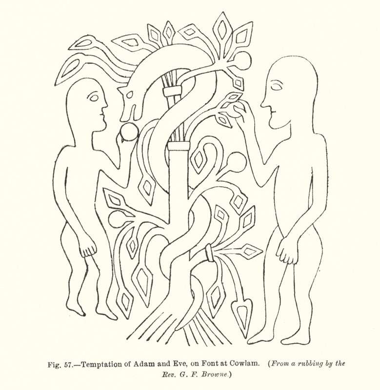 Versuchung von Adam und Eva, auf dem Taufbecken in Cowlam von English School