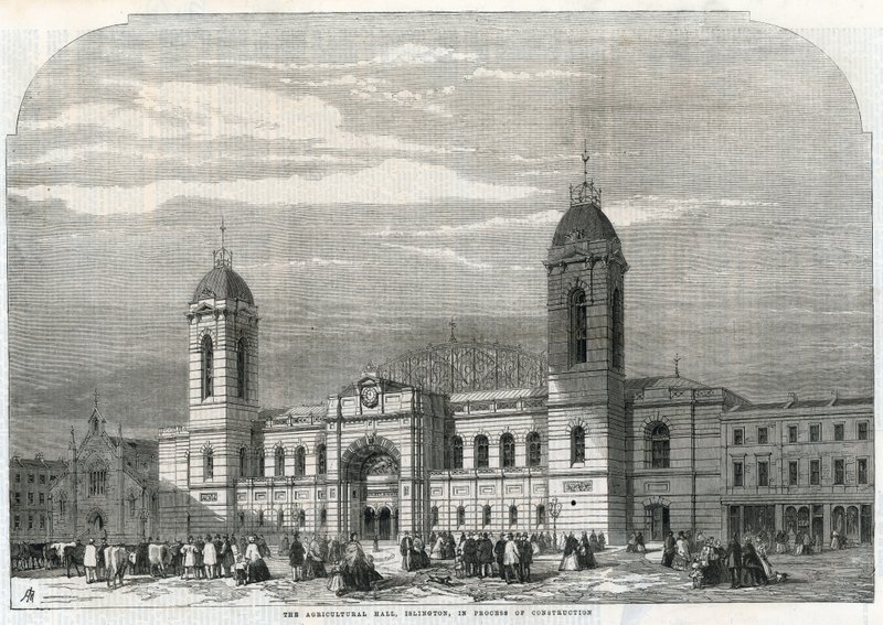 Die Landwirtschaftshalle in Islington im Bau von English School