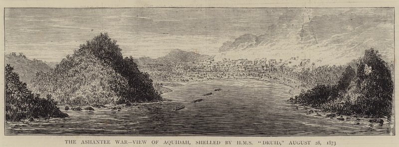 Der Ashantee-Krieg, Ansicht von Aquidah, beschossen von HMS "Druid", 28. August 1873 (Gravur) von English School