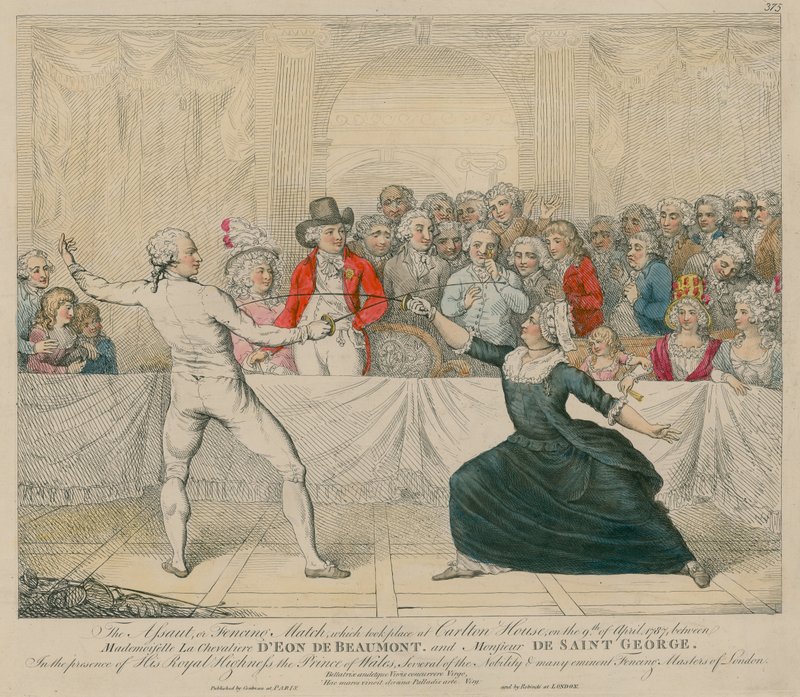 Der Angriff oder Fechtkampf zwischen Mademoiselle La Chevaliere DEon de Beaumont und Monsieur De Saint George von English School
