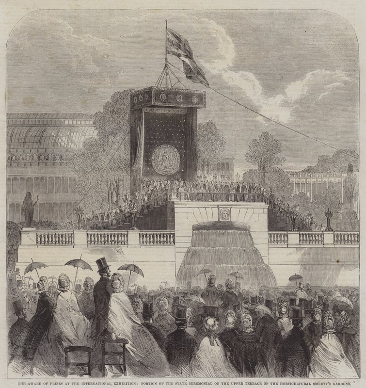 Die Preisverleihung bei der Internationalen Ausstellung, Teil der Staatszeremonie auf der oberen Terrasse der Gärten der Horticultural Society von English School
