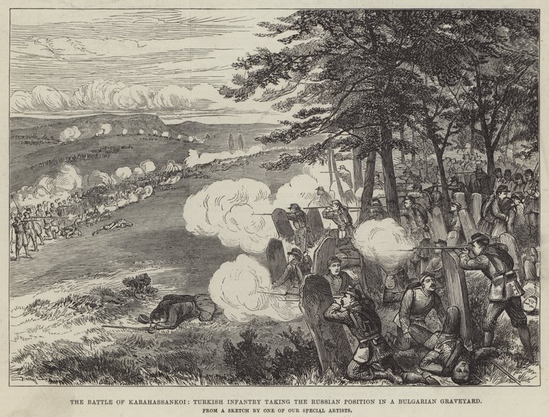 Die Schlacht von Karahassankoi, türkische Infanterie erobert die russische Stellung auf einem bulgarischen Friedhof (Stich) von English School