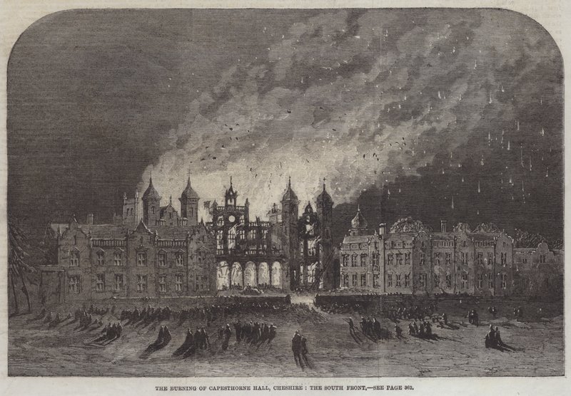 Der Brand von Capesthorne Hall, Cheshire, die Südfront (Stich) von English School