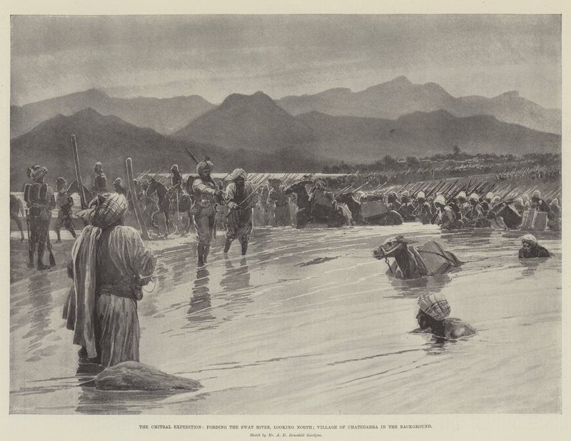 Die Chitral-Expedition, Durchquerung des Swat-Flusses, Blick nach Norden; Dorf Chatedarra im Hintergrund (Lithografie) von English School