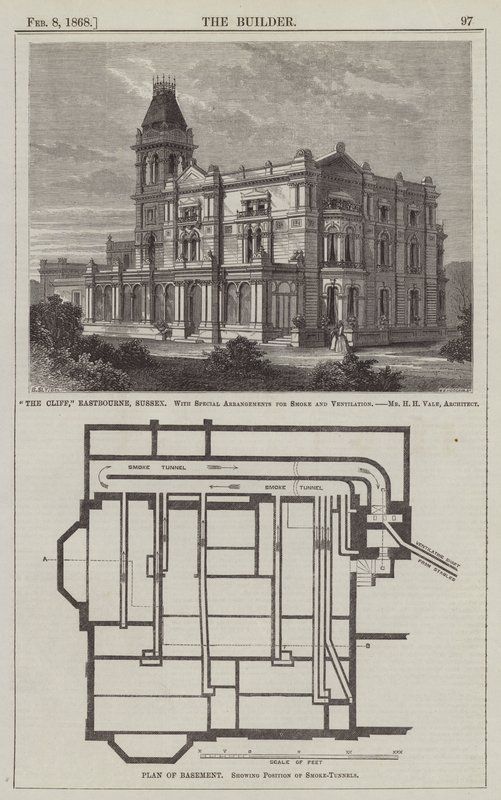 "The Cliff," Eastbourne, Sussex, mit speziellen Anordnungen für Rauch und Belüftung, Mr. H. H. Vale, Architekt (Gravur) von English School