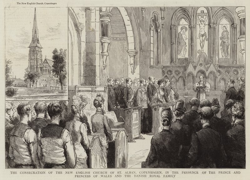 Die Weihe der neuen englischen Kirche St Alban in Kopenhagen in Anwesenheit des Prinzen und der Prinzessin von Wales und der dänischen Königsfamilie (Gravur) von English School