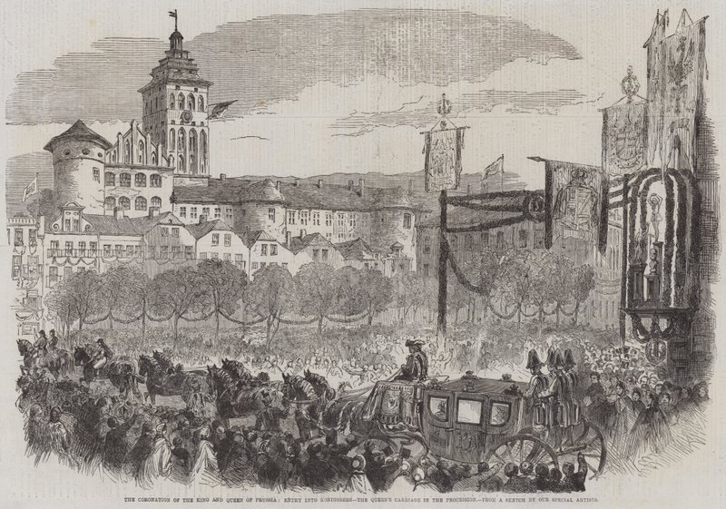 Die Krönung des Königs und der Königin von Preußen, Einzug in Königsberg, die Kutsche der Königin in der Prozession (Stich) von English School