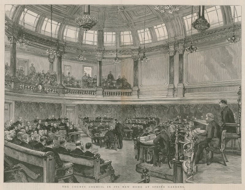 Der County Council in seinem neuen Zuhause in Spring Gardens, London von English School