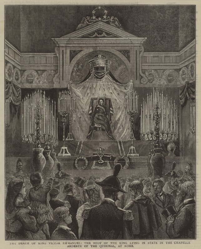 Der Tod von König Viktor Emanuel, der Leichnam des Königs liegt im Chapelle Ardente des Quirinals in Rom aufgebahrt von English School