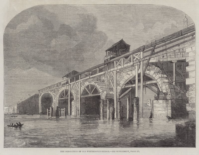 Der Abriss der alten Westminster-Brücke (Gravur) von English School