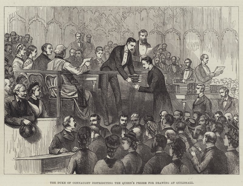 Der Herzog von Connaught verteilt die Königinnenpreise für Zeichnen in der Guildhall (Gravur) von English School