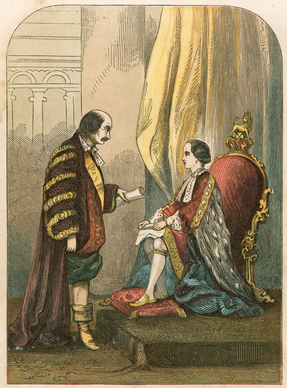 Der Herzog von Northumberland überredet Edward VI., die Thronfolge zu ändern von English School