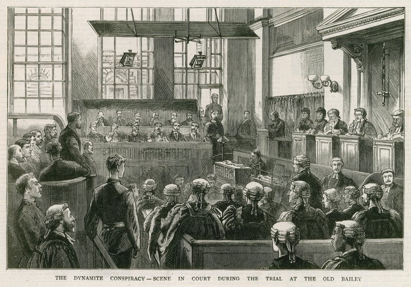 Die Dynamit-Verschwörung, Szene im Gericht während des Prozesses am Old Bailey von English School