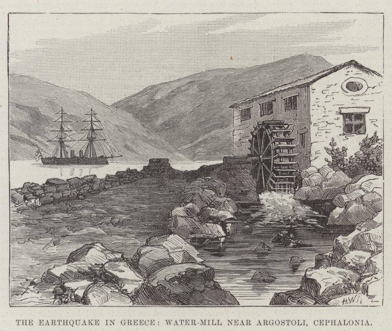 Das Erdbeben in Griechenland, Wassermühle bei Argostoli, Cephalonia (Gravur) von English School