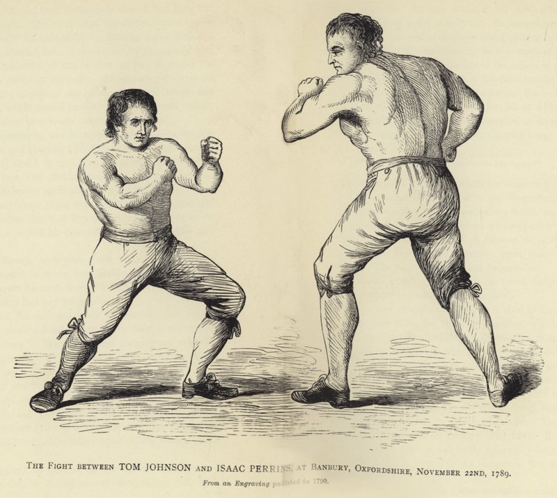 Der Kampf zwischen Tom Johnson und Isaac Perrins, in Banbury, Oxfordshire, 22. November 1789, nach einem Stich veröffentlicht 1790 von English School