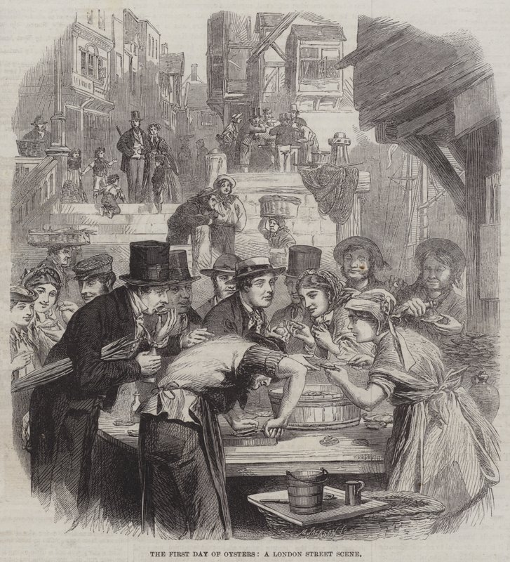 Der erste Tag der Austern, eine Straßenszene in London (Stich) von English School