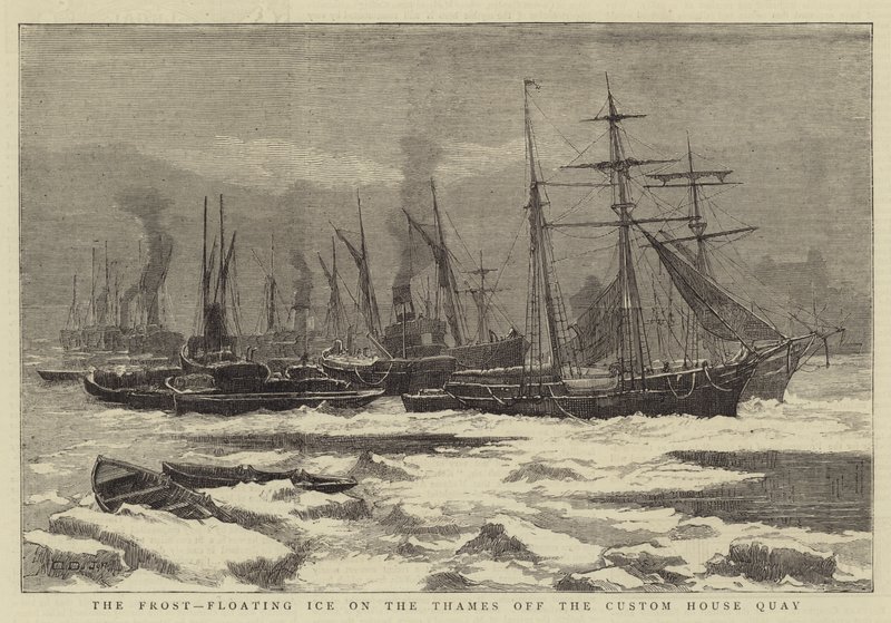 Der Frost, treibendes Eis auf der Themse vor dem Zollhauskai (Stich) von English School