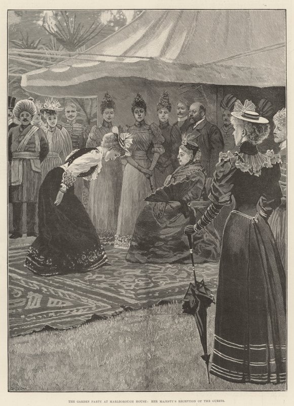 Die Gartenparty im Marlborough House, Empfang Ihrer Majestät der Gäste (Gravur) von English School