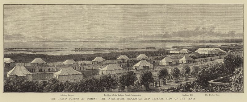 Der große Durbar in Bombay, die Investiturprozession und Gesamtansicht der Zelte (Stich) von English School