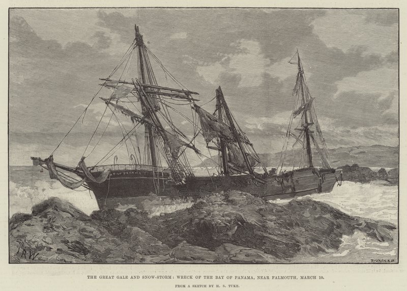 Der große Sturm und Schneesturm, Wrack der Bucht von Panama, nahe Falmouth von English School