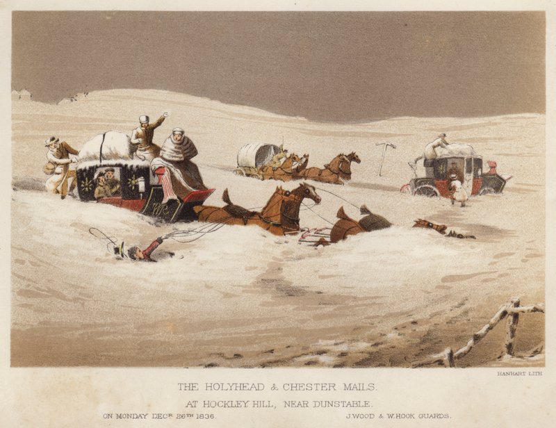 Die Holyhead- und Chester-Posten, bei Hockley Hill, nahe Dunstable von English School
