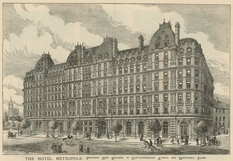 Das Hotel Metropole, vorgeschlagenes neues Gebäude in der Northumberland Avenue und Whitehall Place von English School