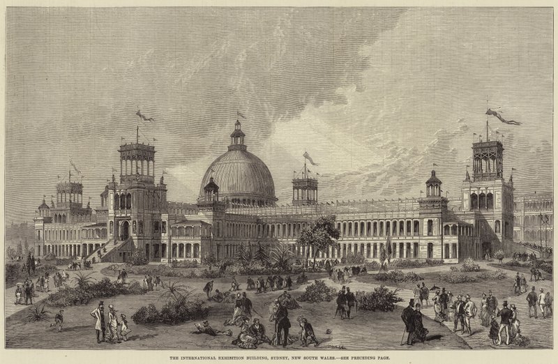 Das Gebäude der Internationalen Ausstellung, Sydney, New South Wales (Gravur) von English School