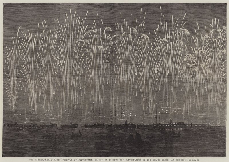 Das internationale Marinefest in Portsmouth, Raketenflug und Beleuchtung der alliierten Flotten bei Spithead (Gravur) von English School