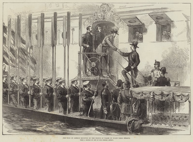 Der König von Griechenland wird vom Prinzen von Wales an Bord der HMS Serapis empfangen (Stich) von English School