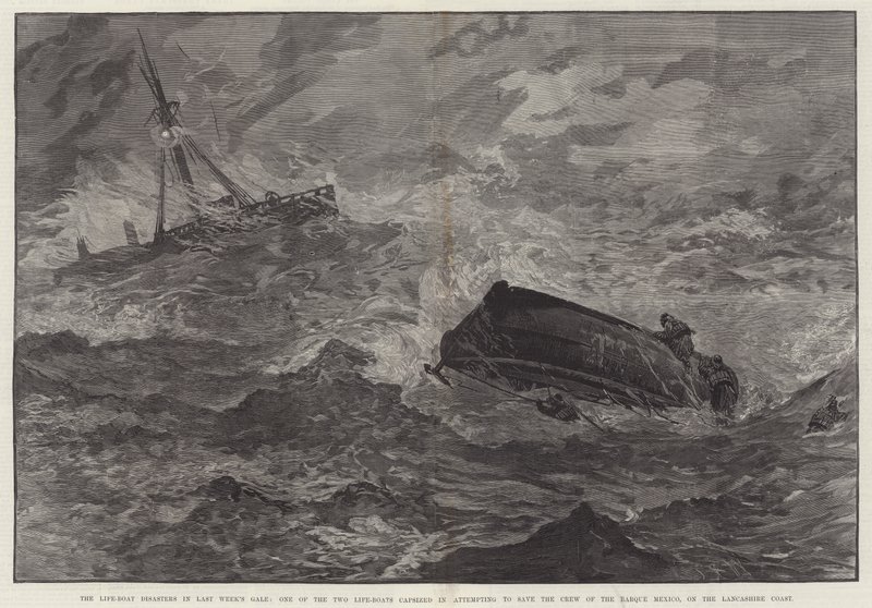 Die Katastrophen der Rettungsboote im Sturm der letzten Woche, eines der beiden Rettungsboote kenterte beim Versuch, die Besatzung der Bark Mexico an der Küste von Lancashire zu retten (Stich) von English School