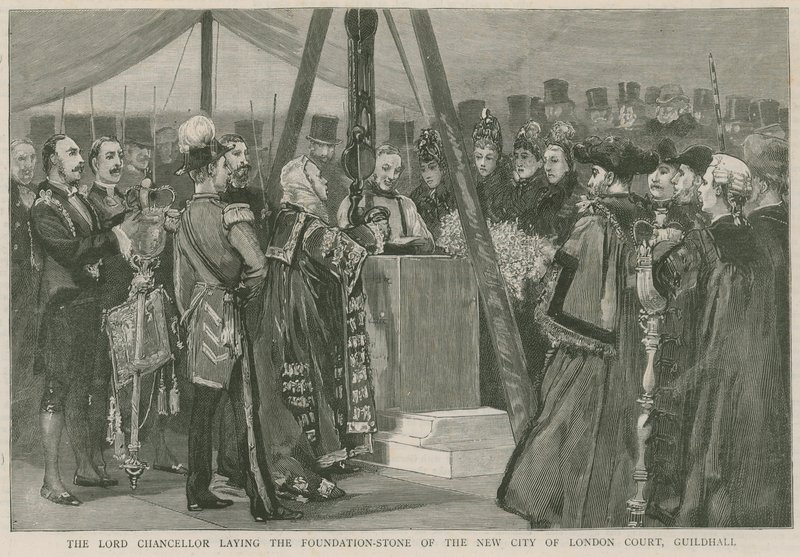 Der Lordkanzler legt den Grundstein des neuen City of London Court, Guildhall von English School