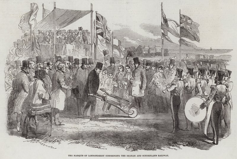 Der Marquis von Londonderry beginnt die Seaham und Sunderland Eisenbahn (Stich) von English School