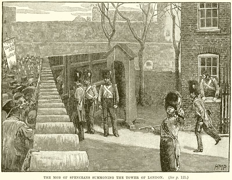 Der Mob der Spenceaner ruft den Tower of London auf von English School