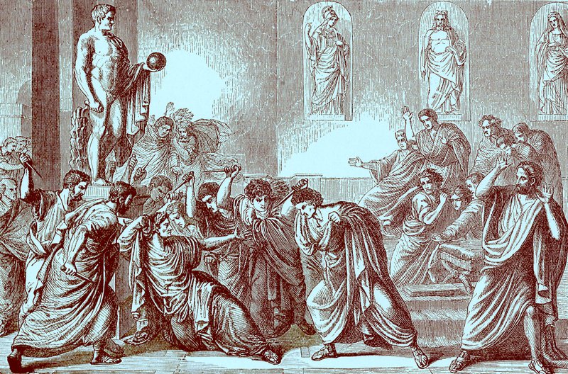 Die Ermordung von Julius Caesar, Illustration aus Die illustrierte Geschichte der Welt, veröffentlicht um 1880 (digital verbessert) von English School