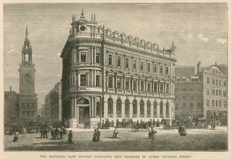 Die neuen Räumlichkeiten der National Safe Deposit Company in der Queen Victoria Street, London von English School