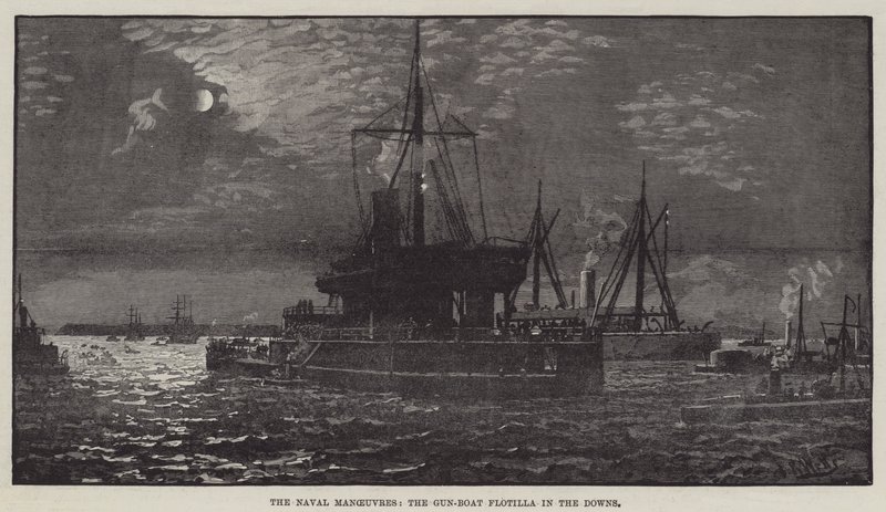 Die Marine-Manöver, die Kanonenboot-Flottille in den Downs (Gravur) von English School