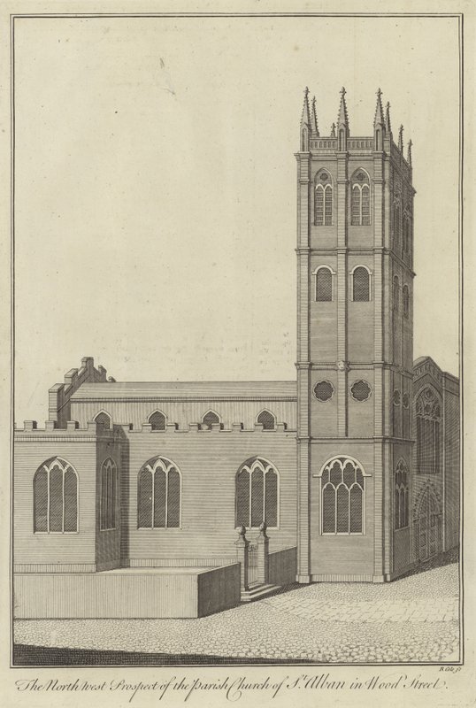 Die Nordwestansicht der Pfarrkirche St. Alban in Wood Street, London von English School