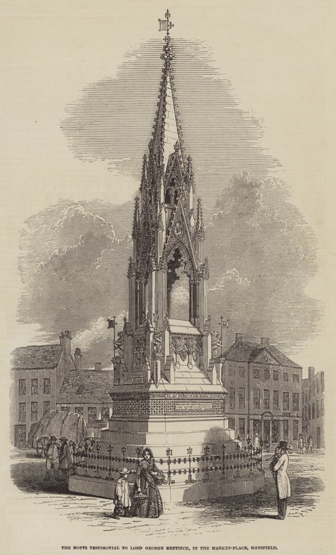 Das Notts-Denkmal für Lord George Bentinck auf dem Marktplatz von Mansfield (Stich) von English School