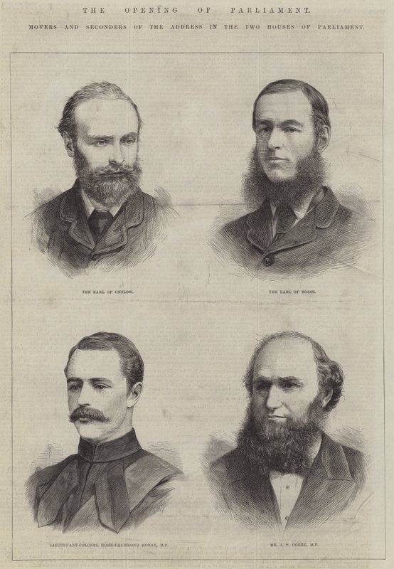 Die Eröffnung des Parlaments, Antragsteller und Unterstützer der Adresse in den beiden Häusern des Parlaments (Gravur) von English School