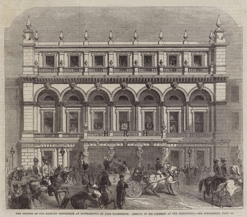 Die Eröffnung des Hartley-Instituts in Southampton durch Lord Palmerston, Ankunft seiner Lordschaft am Institut (Stich) von English School
