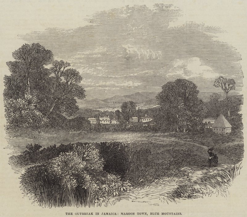 Der Ausbruch in Jamaika, Maroon Town, Blue Mountains (Stich) von English School