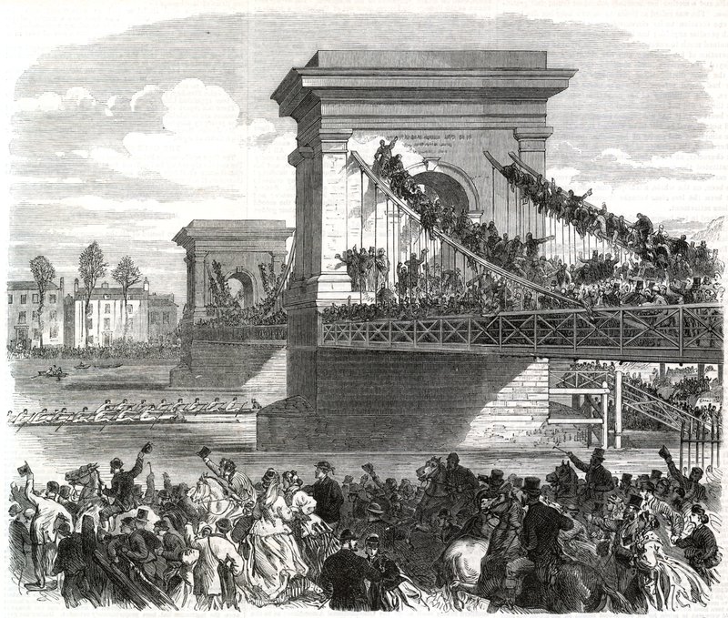 Das Oxford- und Cambridge-Bootsrennen, Szene an der Hammersmith Bridge von English School