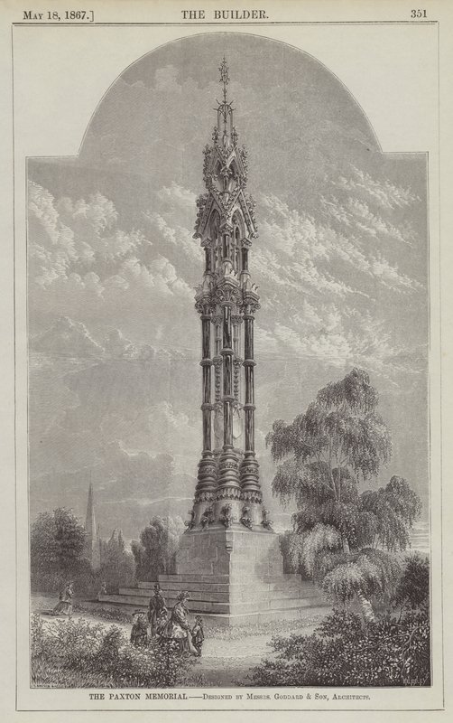 Das Paxton-Denkmal, entworfen von Messrs Goddard und Sohn, Architekten (Gravur) von English School