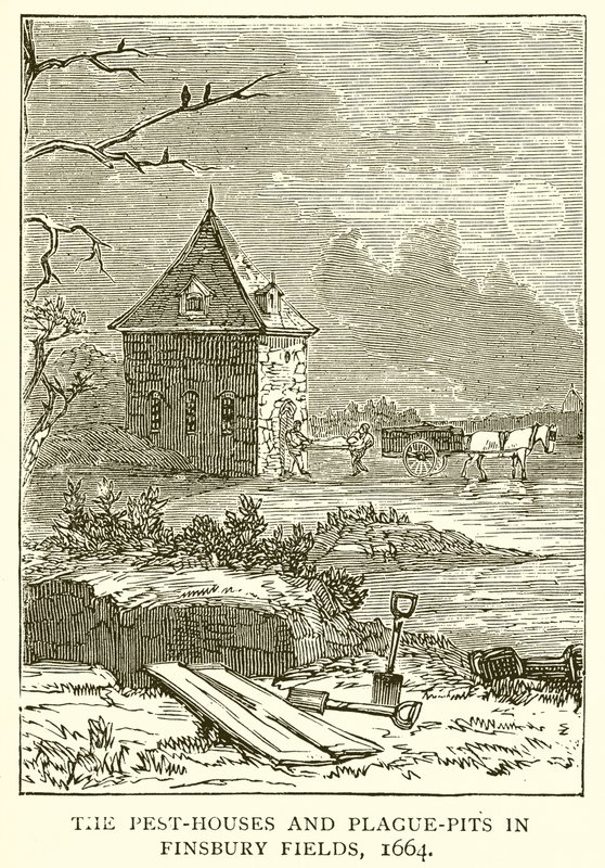 Die Pesthäuser und Pestgruben in Finsbury Fields, 1664 von English School